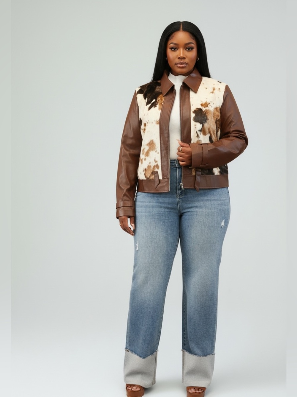 Brown Faux Leather & Cowhide Bomber Jacket